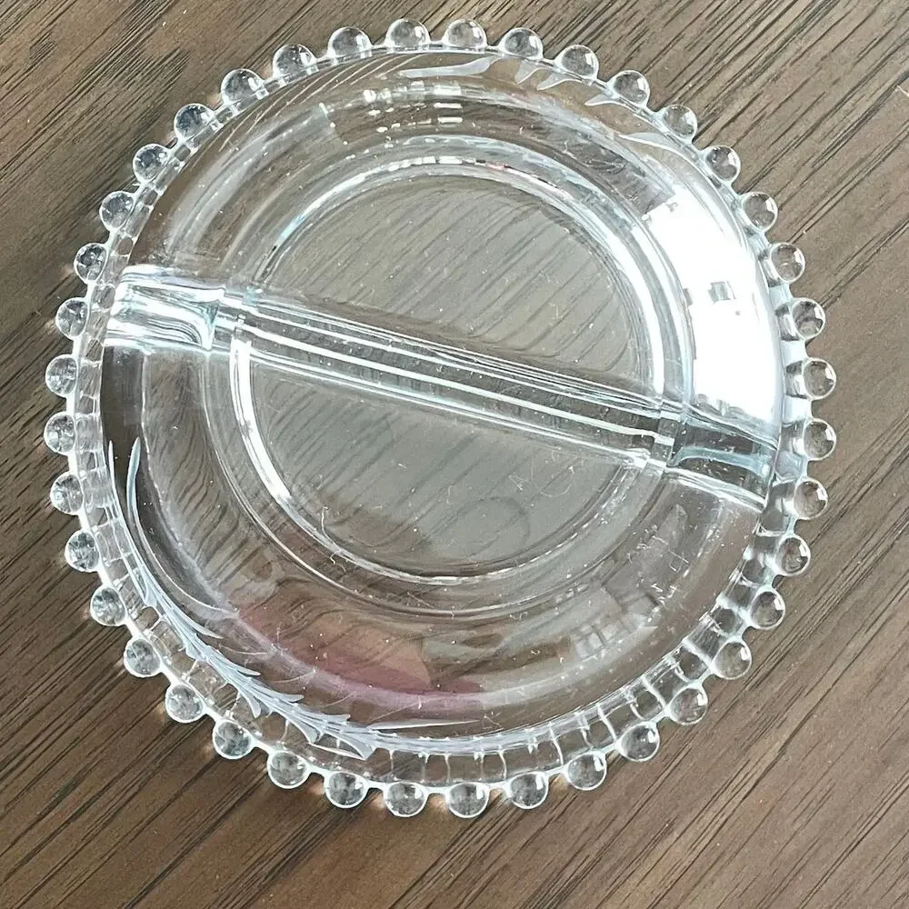 Imperial Candlewick Divided Etched Glass Bowl Bead Edge Wheat Serving Elegant